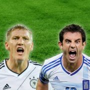 Kampf der Fußball-Welten: DFB-Künstler Bastian Schweinsteiger gegen Griechen-Zerstörer Kostas Katsouranis. Kampf der Fußball-Welten: DFB-Künstler Bastian Schweinsteiger gegen Griechen-Zerstörer Kostas Katsouranis.