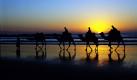 Touristen reiten auf Kamelen am Strand nahe Agadir in Marokko im Sonnenuntergang. Kultur- und Geschichtsinteressierten ist Marokko vor allem durch seine vier Königsstädte Fez, Marrakesch, Meknes und Rabat bekannt. Andere schätzen den Wassersport an den rund 3500 Kilometer langen Küsten, davon fast 500 Kilometer am Mittelmeer, der Rest am Atlantik.  Foto: ddp, Marokkanisches Fremdenverkehrsamt