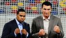 Der US-amerikanische Herauforderer Eddie Chambers und Box-Weltmeister Wladimir Klitschko posieren in Düsseldorf. Klitschko wird seine Weltmeistertitel der Verbände WBO und IBF am 20. März in Düsseldorf gegen Chambers verteidigen. 
 Foto: dpa
