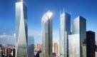 Die Illustration zeigt das geplante World Trade Center in New York mit dem jüngsten Entwurf vom Freedom Tower (Freiheitsturm, mit Antenne) und den anderen drei Wolkenkratzern, die auf Ground Zero gebaut werden sollen. Außerdem zu sehen ist die Gedenkstätte für die Opfer des 11. Septembers 2001. Gut sechs Jahre nach den Terroranschlägen auf die Zwillingstürme in New York fällt Anfang 2008 der Startschuss für den Bau von drei neuen Wolkenkratzern am Ground Zero. Der Pächter des Baugeländes, Larry Silverstein, stellte die jüngsten Baupläne für die hypermodernen, umwelt- und energiefreundlichen Hochhäuser jetzt in New York vor. Illustration: Silverstein Properties SPI +++(c) dpa - Bildfunk+ Foto: dpa