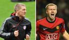 Schweini (l.) ist erwachsen geworden. Auf seiner neuen Position im defensiven Mitelfeld überzeugt der deutsche Nationalspieler in dieser Saison. Mit ihm sind die Bayern in Manchester noch stärker. Paul Scholes ist das unermüdliche Arbeitstier in Uniteds Mittelfeld. Er gehört noch zur Generation Beckham, Giggs  Co. und weiß wie man Titel gewinnt. Foto: news/ dpa (Montage)