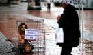 Laura Baker, Aktivistin der Tierrechtsorganisation Peta, protestiert in Stuttgart in einem Käfig hockend gegen Wildtiernummern des Stuttgarter Weihnachtszirkus. 
 Foto: ddp