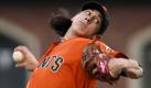 San Francisco Giants starting pitcher Tim Lincecum works against the St. Louis Cardinals in the first inning of their baseball game in San Francisco, Friday, April 23, 2010. Lincecum had 8 strikeouts and one earned run for his fourth win of the season. The Giants won 4-1. (AP Photo/Eric Risberg) Foto: ap