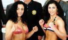 Die Doppelweltmeisterin im Fliegengewicht der Verbände WBA und WIBF, Susianna Kentikian (links) und ihre Gegnerin Nadia Raoui posieren in Hamburg nach dem offiziellen Wiegen. Kentikian kämpft morgen in der Alsterdorfer Sporthalle in Hamburg gegen Nadia Raoui im Fliegengewicht um den WIBF-, WBA- und WBO-Gürtel. Foto: dpa