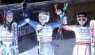 Ski, Ski-Alpin, Weltcup Parallelslalom der Frauen, Sonntag (02.01.11), Olympiaberg Muenchen: Siegerin Maria Pietilae-Holmner (M., Schweden) jubelt im Ziel zwischen Tina Maze (Slowenien, 2. Platz, l.) und Elisabeth Goergl (Oesterreich, 3.Platz). Pietilae-Holmner gewann das Weltcup-Rennen. Der Wettkampf fand vor der Zeltdach-Silhouette des Olympiastadions auf einer 200 Meter langen Strecke auf der Nordseite des Olympiabergs statt. Das Starthaeuschen liegt 564 Meter ueber dem Meeresspiegel, das Ziel befindet sich im leer gepumpten Olympiasee. Wie bei einem gewoehnlichen Weltcup-Rennen erhaelt der Sieger 100 Weltcup-Punkte. Am Ski-Weltcup auf dem Olympiaberg nehmen die 16 fuehrenden Skisportler der Weltcup-Startliste teil. Foto: Timm Schamberger/dapd Foto: dapd