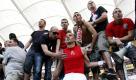 Der Kölner Lukas Podolski jubelt nach dem Spiel Eintracht Frankfurt gegen den 1. FC Köln mit seinen Fans im Kölner Fanblock. Das Spiel endete 2:0 für den 1. FC Köln. Danach gab es Randale auf den Platz. Nach der Pleite kam es zu Ausschreitungen. Etwa 150 Frankfurter Randalierer stürmten nach dem Schlusspfiff den Rasen. Die Polizei ging gegen die Randalierer mit Pfefferspray und Schlagstöcken vor. Foto: dapd