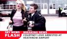 We are advised that video-grabs should not be used by daily papers later than 48 hours after the broadcast of the programme, without consent of the copyright holder. Screen grab from SkyTelevision of Singer Courtney Love being arrested Tuesday 4 February, 2003, after landing on a transatlantic flight at Heathrow airport, London. Love, the widow of Nirvana star Kurt Cobain, was allegedly verbally abusive to cabin crew during the flight from Los Angeles, resulting in the captain calling police. Foto: dpa