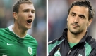 Beide sehen sich durch die Bundesliga häufig, aber in Südafrika garantiert nicht: Wolfsburgs bosnischer Stürmerstar Edin Dzeko (l.) und der Portugiese Hugo Almeida von Werder Bremen. Foto: dpa
