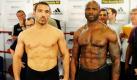 Der deutsche Boxer Firat Arslan (links) und der Franzose Steve Herelius zeigen ihre Körper während des offiziellen Wiegens für die WBA Interims-Weltmeisterschaften in Stuttgart. Der Boxkampf im Cruisergewicht, bei dem die Sportler bis zu 90 Kilo auf die Waage bringen, wird morgen ausgetragen. Arslan erhielt 2007 den Weltmeistertitel von Virgil Hill, musste ihn dann aber wieder abgeben. Foto: ap