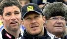 Zusammen mit seinem Landsmann Benjamin Raich (l) und dem schwedischen König Karl Gustav XVI. (r) verfolgt Hermann Maier das Abfahrtsrennen beim Weltcup in Schweden. Maier selbst wird unmittelbar nach dem Weltcupfinale zum wiederholten Mal am Knie operiert. Foto: dpa
