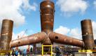 Am Vormittag wurde auf dem Gelnde der SIAG Nordseewerke in Emden mit der Kiellegung des ersten im Bau befindlichen Tripods begonnen. Der Dreifu, der nach seiner Fertigstellung mehr als 50 Meter hoch ist, ist fr den Windpark Borkum West II bestimmt und kann in Meerestiefen grer als 20 Meter eingesetzt werden. Foto: dapd