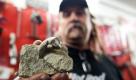Der Hobby-Fossiliensammler Karl Stekiel zeigt in seiner Bochumer Werkstatt eine 90 Millionen Jahre alte versteinerte Kralle eines Raubsauriers. Mit der Sichelkralle fand der Bochumer nicht nur ein Relikt aus längst vergangenen Zeiten, sondern auch die Überreste einer bislang völlig unbekannten Saurierart. Foto: dapd