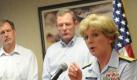 From left to right, Adrian Rose, Transocean's vice president for quality, health, safety and the environment, and David Rainey, BP's vice president for Gulf of Mexico production, listen as U.S. Coast Guard Rear Admiral Mary E. Landry answers questions during a press conference about the ongoing operations surrounding the Deepwater Horizon mobile offshore drilling unit (MODU) explosion, investigation, search and rescue, and pollution response, New Orleans, Thursday, April 22, 2010. (AP Photo/Cheryl Gerber) Foto: AP