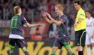 Gladbachs Spielgestalter Marco Reus (l) jubelt mit dem Doppeltorschützen Mike Hanke. Foto: Federico Gambarini Foto: dpa