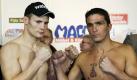 WBO-Weltmeister im Supermittelgewicht Robert Stieglitz (links) posiert beim offiziellen Wiegen in Magdeburg mit seinem argentinischen Herausforderer Ruben Acosta. Stieglitz will erstmals seinen Titel gegen Herausforderer Acosta am Samstag in Magdeburg verteidigen. Foto: ddp
