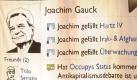 Ein Transparent mit einer gefälschten Facebook-Seite von Joachim Gauck ist am Mittwoch bei einer Veranstaltung der Linken in Tiefenbach (Niederbayern) zu sehen. Foto: dpa/Marc Müller