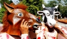 Aktivisten von der Tierschutzorganisation Peta bereiten sich auf ihren Protest in Neu Dehli, Indien, vor. Sie demonstrieren vor dem internationalen Ledermarkt, um auf die Umstände, wie Tiere gehalten werden, hinzuweisen. Foto: ap