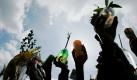 Menschen halten Palmensprößlinge während Festlichkeiten des Palmsonntags in Bogotá die Luft. Der Palmsonntag läutet die Feierlichkeiten der Osterwoche in Südamerika ein. Foto: ap