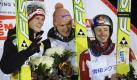 Severin Freund (Mitte) hat überraschend den Skisprung-Weltcup im japanischen Sapporo gewonnen. Für Freund ist es der erste Sieg in seiner Karriere. Zweiter wurde der Österreicher Thomas Morgenstern (links), Dritter Adam Malysz aus Polen.
 Foto: dpa