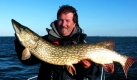 Angelguide Jens Feissel vom Team Bodden-Angeln hält einen geangelten 1,18 Meter langen Hecht aus den Boddengewässern vor Rügen in den Händen. Landesweit, so schätzen Experten, bieten inzwischen fast 100 Angelführer in Mecklenburg-Vorpommern den anreisenden Gästen ihre Dienste an. Nun will das Land ausgewählten Angel-Guides sogar den Zugang zu bestimmten Gewässern und Randgebieten des Nationalparks Vorpommersche Boddenlandschaft öffnen. Derzeit werden die Anträge von sechs Unternehmen geprüft, um naturverträgliche Angelturns zu den geschützten Revieren anbieten zu können.
 Foto: ddp/ www.bodden-angeln.de