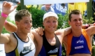 Eine bisher einzigartige Konstellation bekamen die Zuschauer 1997 auf Hawaii zu sehen. In dem Jahr feierte Deutschland einen dreifachen Triumph. Thomas Hellriegel (l) gewann den Ironman auf der Insel im dritten Anlauf als erster Deutscher überhaupt. Der 26-Jährige lag mit einer Zeit von 8:33:09 Stunden deutlich vor seinem Landsmann Jürgen Zäck (M). Dritter wurde der Darmstädter Lother Leder. Foto: dpa