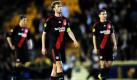 Leverkusen's Simon Rolfes (m.), Daniel Schwaab (r.) und Stefan Reinartz (l.) ist die Enttäuschung nach dem Aus im Achtelfinale der Europa League deutlich anzusehen. Die Werkself verlor auch das Rückspiel beim FC Villarreal mit 1:2, nachdem der Bundesligist bereits im Hinspiel vor einer Woche mit 2:3 unterlegen war. Foto: dpa
