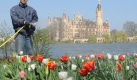 Es ist wieder Bundesgartenschau: Schwerin ldt ein zur inzwischen 29. Ausgabe. Das Schloss und sein See sind seit langem das Wahrzeichen der Stadt. Jetzt hat die Buga dort aufgerumt und ihr Konzept vom stadtnahen Erholungsgebiet umgesetzt. Das soll bleiben, nur die Blumenpracht wird nach diesem Sommer wieder verschwinden. Foto: x