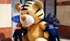 In Peking haben Arbeiter alle Mühe einen riesigen Stofftiger zu befestigen, denn starker Wind macht das plüschige Tierchen widerspenstig. Im chinesischen Jahr des Tigers sollen derartige Stofftiere auf die bedrohte Tierart aufmerksam machen. Foto: dpa