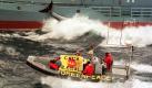 Greenpeace-Aktivisten in einem Schlauchboot fahren am 20.12.1999 an einem japanischen Verarbeitungsschiff im Walschutzgebiet in der Antarktis vorbei, um den Walfang zu stoppen. Mit spektakulären Aktion sorgt Greenpeace International seit 40 Jahren für Aufsehen. Die Umweltorganisation hat sich in ihrer Arbeit und Struktur im Laufe der Jahre sehr verändert. Die Grundsätze finanzielle Unabhängigkeit und Gewaltfreiheit aber bleiben. Foto: dpa