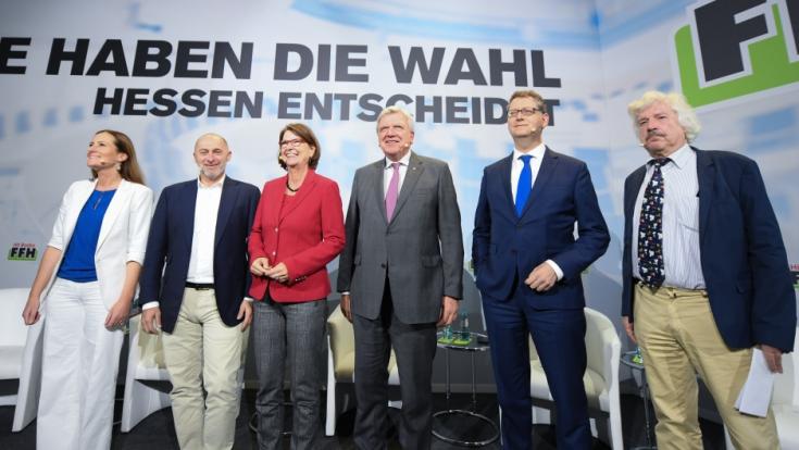 Die Spitzenkandidaten zur Landtagswahl in Hessen 2018: Janine Winkler (Linke), René Rock (FDP), Priska Hinz (Grüne), Volker Bouffier (CDU), Thorsten Schäfer-Gümbel (SPD) und Rainer Rahn (AfD).
