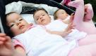 Die sieben Monate alten Drillinge Charlotte (von links nach rechts), Julia und Melissa liegen in einem Kinderwagen im Garten vom Gästehaus der niedersächsischen Landesregierung in Hannover. Familienministerin Aygül Özkan (CDU) übernimmt für rund 70 Mehrlingskinder eine Ehrenpatenschaft. Foto: dpa