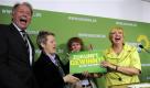 Spitzenpolitiker von Bündnis 90/Die Grünen halten in Berlin bei einer Wahlparty ein Plakat mit der Aufschrift Zukunft gewinnt!. In Rheinland-Pfalz ziehen die Grünen mit rund 15 Prozent wieder in den Landtag ein, nachdem sie 2006 an der Fünf-Prozent-Hürde scheiterten. Foto: dapd