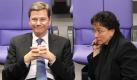 FDP-Chef Guido Westerwelle und die Fraktionschefin der Partei, Brigitte Homburger, während einer Debatte im Bundestag. Foto: dpa
