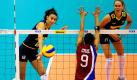 Die Volleyball-Frauen Brasiliens kämpfen in der ersten Runde der Weltmeisterschaften im japanischen Hamamatsu gegen die Damen-Auswahl von Puerto Rico. Das Ergebnis war deutlich: Die Brasilianerinnen siegten mühelos mit 3:0. Foto: dapd