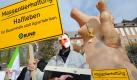 Proteste im Hühnerkostüm und aufblasbarem Schwein: Naturschützer und Grüne protestieren in Potsdam vor dem Landtag gegen die Massentierhaltung. Foto: Bernd Settnik Foto: dpa