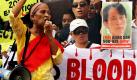 Demonstranten veranstalten eine Kundgebung vor der Botschaft Myanmars in dem Viertel Makati in Manila auf den Philippinen, mit der sie an den dritten Jahrestag der Safran-Revolution erinnern, die nach der Farbe der Kleidung der jungen militanten Mönche benannt wurde, die den Aufstand anleiteten. Die Protestler prangern an, dass anstatt an Menschenrechte und die Verminderung der Armut zu denken, die Junta nur die Legitimation durch Wahlen erlangen wollte. Foto: ap
