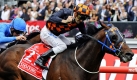 Jockey Corey Brown gewinnt den Melbourne Cup im Pferderennen in Flemington. Foto: ap