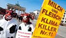 Zwei Aktivisten des Tierrechtsbündnisses 'Berlin-Vegan' in kuh-kostümen halten am Donnerstag (18.03.2010) auf dem Pariser Platz vor dem Brandenburger Tor in Berlin Plakate mit der Aufschrift 'Milch und Fleisch Klimakiller Nr. 1' in der Hand. Mit der Aktion wird für eine tier- und umweltfreundliche Lebensweise geworben. Foto: Robert Schlesinger dpa/lbn +++(c) dpa - Bildfunk+++ Foto: dpa