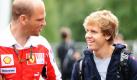 Der deutsche Formel-1-Rennfahrer Sebastian Vettel von Red Bull versteht sich offenbar auch gut mit den eigentlichen Gegnern und begrüßt bei seiner Ankunft auf der Spa-Francorchamps-Rennstrecke  nahe Spa in Belgien einen Mitarbeiter von Ferrari. Am Sonntag startet mit dem Großen Preis von Belgien das 13. Rennen der Formel-1-Saison. Foto: dpa