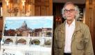 Der bulgarische Künstler Christo präsentiert im Axel-Springer-Haus in Berlin seine Collage «Ponte Sant Angelo Wrapped». Das Bild geht auf einen Entwurf für ein geplantes Kunstprojekt zurück, das jedoch von den römischen Behörden abgelehnt wurde. Christo fertigte die Grafik für eine Aktion der Bild-Zeitung an. Zu sehen war das Werk auf einer Doppelseite in der Dienstagausgabe der Zeitung.  Foto: dapd