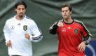 Fußballnationalspieler Sami Khedira (links) absolviert leichtes Lauftraining mit Fitness-Trainer Yann-Benjamin Kugel. Der Gladbacher Shootingstar Marco Reus fällt verletzt für das Testspiel gegen Uruguay am Sonntag aus. Foto: dpa