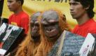 Aktivisten der Umweltorganisation Greenpeace tragen Affenkostüme im Rahmen einer Protestaktion im indonesischen Jakarta. Sie fordern das zuständige Ministerium auf, die Regenwälder nicht weiter abzuholzen. Foto: ap