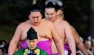 Der mongolische Sumo-Champion Hakuho (zweiter von hinten) betritt für eine Zeremonie den Schrein Meiji Jingu in Tokio. Im skandalerprobten Sumo-Sport in Japan kündigt sich ein neuer Verdacht an: Einige Kämpfer sollen sich per Telefon über den Ausgang von Duellen verständigt haben.  Foto: dapd
