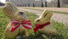 Der Schokoladen-Osterhase des burgenländischen Familienbetriebs Hauswirth (l) und ein kleineres Exemplar des Patent-geschützten Goldhasen von Lindt stehen auf dem Rasen des Belvedere-Parks in Wien (Aufnahme vom 03.04.2007). Der jahrelange Streit um die Urheberschaft eines goldenen Osterhasen zwischen Lindt und Hauswirth kommt vor den Europäischen Gerichtshof. Der oberste österreichische Gerichtshof entschied jetzt, den Fall durch die Luxemburger Richter entscheiden zu lassen. Foto: dpa