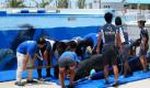 Ein trauriger, aber wohl kein seltener Anblick: Mitarbeiter des Okinawa Churaumi Aquarium in der Stadt Motobu auf der japanischen Insel Okinawa versuchen einen Delphin zu retten, der während einer Marine-Vorführung plötzlich aus dem Tank gesprungen war. Ric O'Barry, der Star aus dem Film über die japanische Delphin-Jagd Die Bucht, betonte, dieser Vorfall veranschauliche die Grausamkeit der Gefangenschaft die die schlauen Tiere erleiden müssten.  Foto: ap