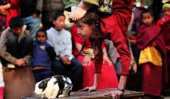 Eine Straßenkünstlerin  performt mit einem Kaninchen im indischen Bodh Gaya. Foto: ap