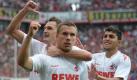 Das Kölner Dreigestirn: Milivoje Novakovic, Lukas Podolski und Adel Chihi (von links) schossen den 1. FC Köln zum 4:1-Auswärtssieg gegen Bayer Leverkusen. Vor allem Podolski zog mit zwei Treffern und einem Assistpunkt eine Prinzen-Show ab. Foto: dpa