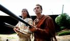 Die Schauspieler Benjamin Armbruster (links) in der Rolle des Winnetou und Jean-Marc Birkholz in der Rolle des Old Shatterhand halten in Lennestadt-Elspe während einer Pressevorstellung auf der Naturbühne der Karl-May-Festspiele Gewehre. Nach der Winterpause startet das Elspe Festival am 18. Juni 2011 mit der Karl May Adaption Winnetou und das Halbblut in die neue Saison.  Foto: dapd