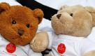 Zwei Teddybären sitzen bei einem Pressetermin in Hamburg. Die Aktion Kinder-Unfallhilfe e.V. spendete der Feuerwehr Hamburg 250 Teddybären, die Kinder bei Rettungseinsätzen und Fahrten im Rettungswagen trösten sollen. Foto: dpa