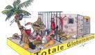 Die Zeichnung zeigt einen Rosenmontagswagen in Köln zum Thema US-Gefangenenlager Guantanamo (handout). Hinter Gittern verhungern die Häftlinge, während die Wärter es sich bei Cocktails und Zigarren unter Palmen gutgehenlassen: Ein am Mittwoch präsentierter letzter Motivwagen für den Kölner Rosenmontagszug behandelt das umstrittene US-Gefangenenlager. Unter dem Wagen-Motto «Totale Globalisierung» will Zugleiter Kuckelkorn darauf aufmerksam machen, dass selbst nach der vom neuen US-Präsidenten Obama angekündigte Schließung des Lagers auf Kuba das Leid der Gefangenen vermutlich weitergehe. dpa/lnw +++(c) dpa - Bildfunk+++ Foto: dpa